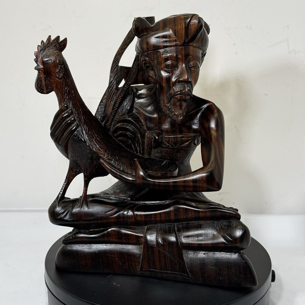 Vtg Hand Carved Bali Wooden Balinese Man Statue Figure w/Rooster Sword Dark Wood